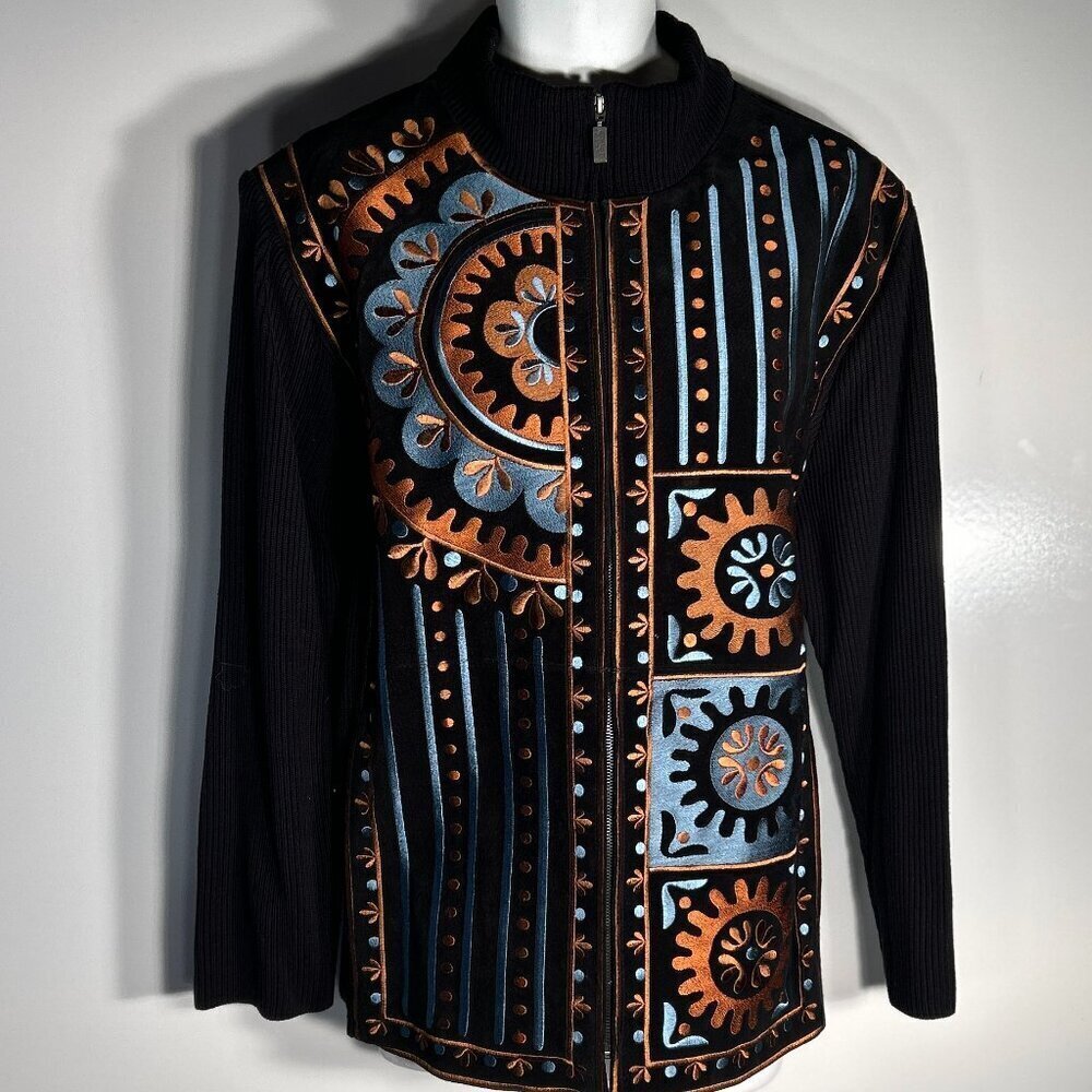 Vintage Bob Mackie SZ 3X Black Embroidered Suede Leather Jacket Hollywood Design
